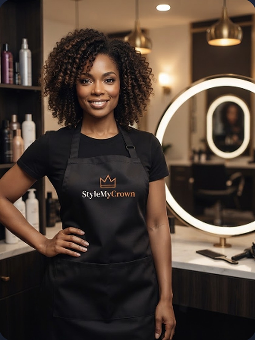 A stylist in her StyleMyCrown apron